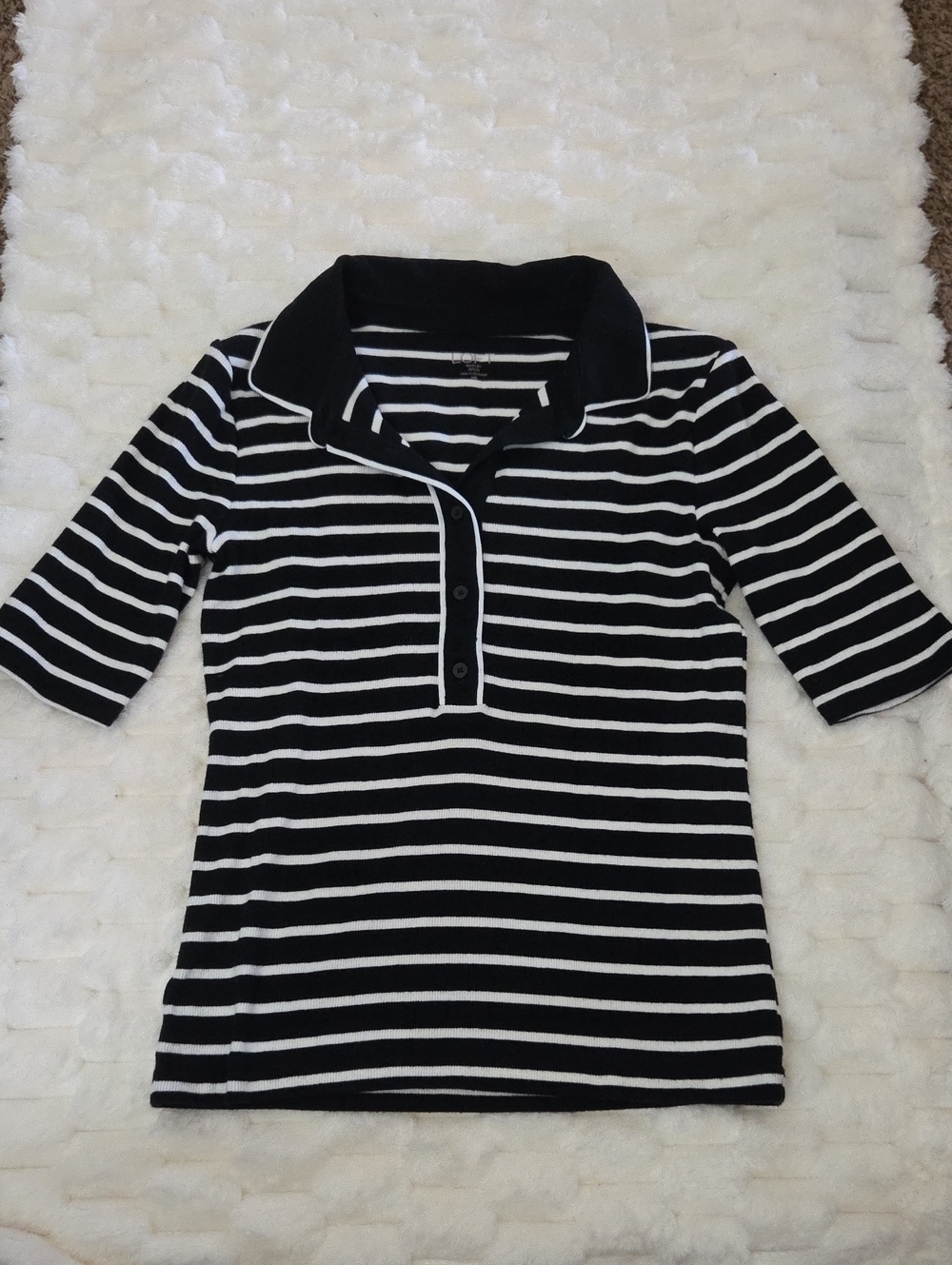LOFT Black and White Striped Polo Top